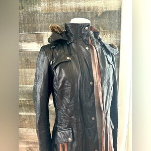 Danier leather coat with removable hood.